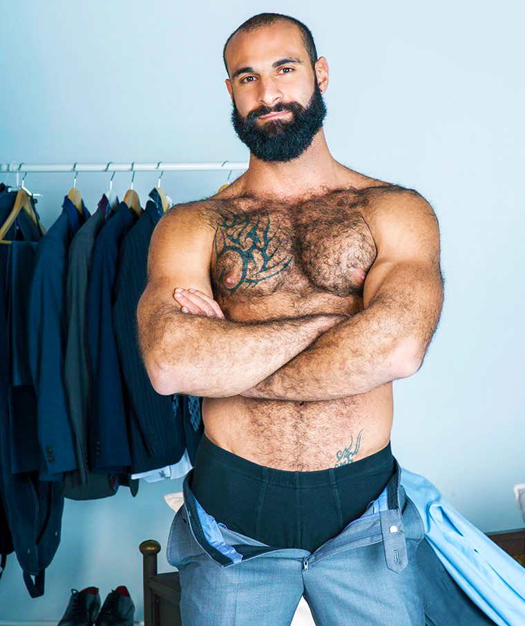 Muscled Spanish talent agent Diego Sans dresses up rugged hairy client Paco for a casting call only to strip him of his clothes to fuck him.