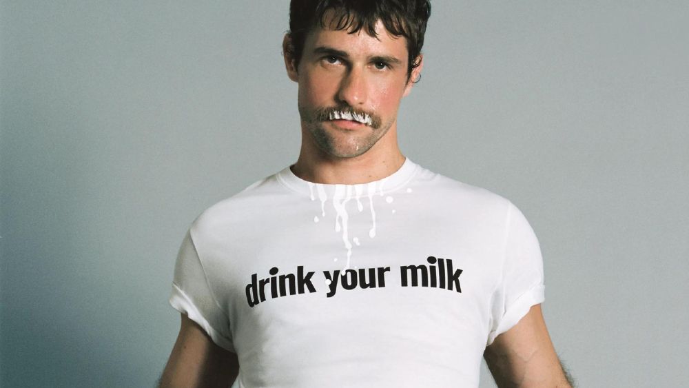Jonathan Bailey Loewe milk tshirt Shameless Fund
