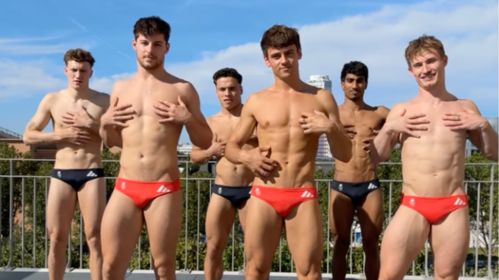 Tom Daley and the 2024 Olympic Diving Team in speedos doing a viral dance.