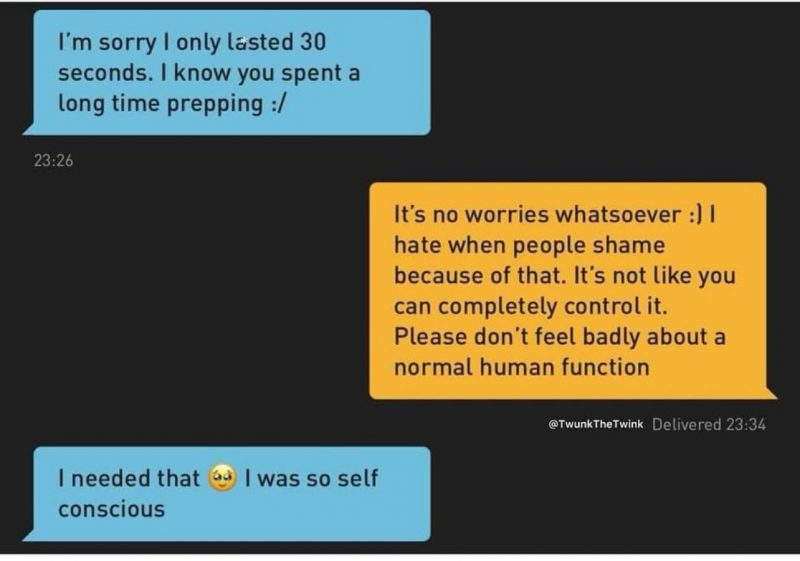 Grindr chat about cumming too quickly.